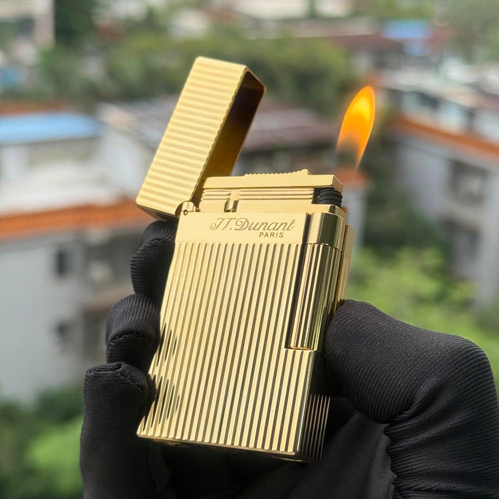 Classic Lighter, Brass refillable,Gold Bar Lighters, Adjustable Soft Flame,Side Slide Lgnition Steel Tone for Men Dad Husband