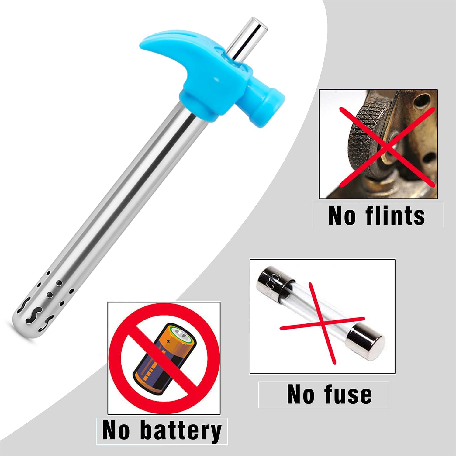 Nisun Easy Grip Premium Waterproof Stainless Steel Hammer Head Design Regular Gas Lighter for Gas Stove, Restaurants & Kitchen Use - Blue