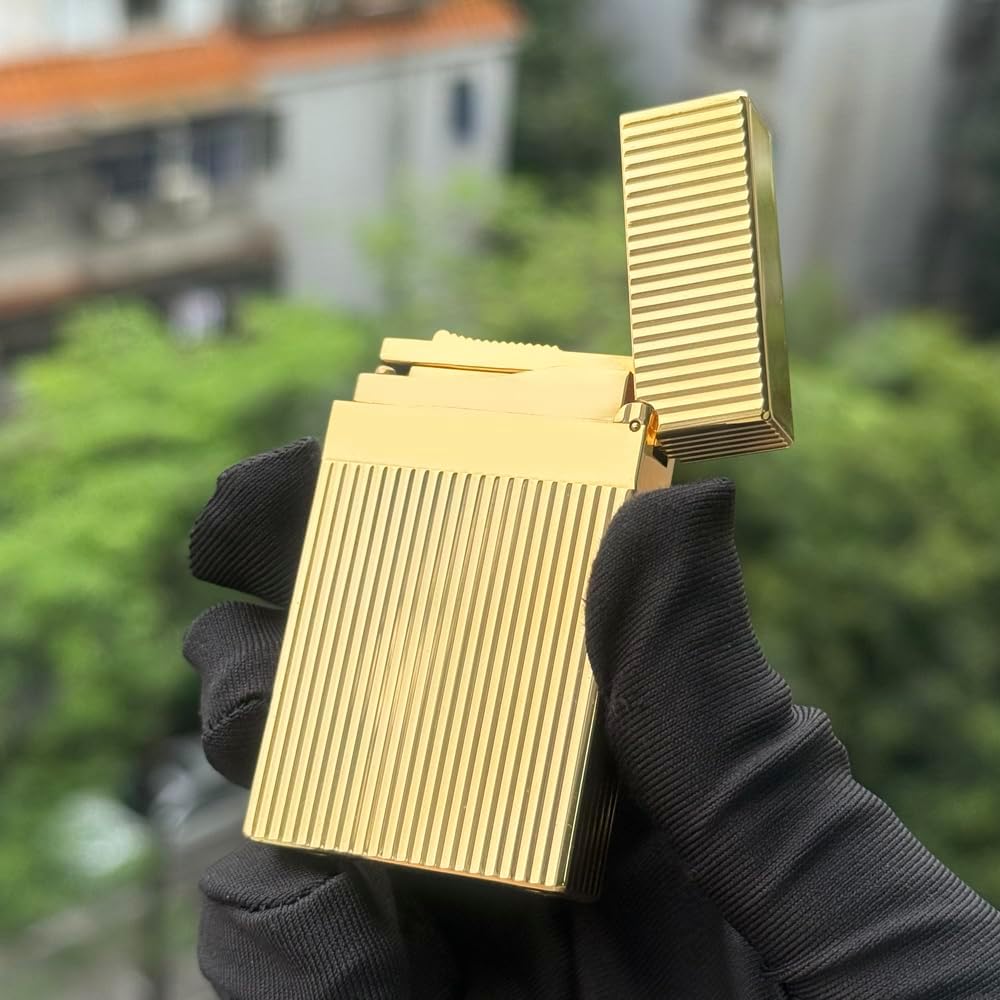 Classic Lighter, Brass refillable,Gold Bar Lighters, Adjustable Soft Flame,Side Slide Lgnition Steel Tone for Men Dad Husband