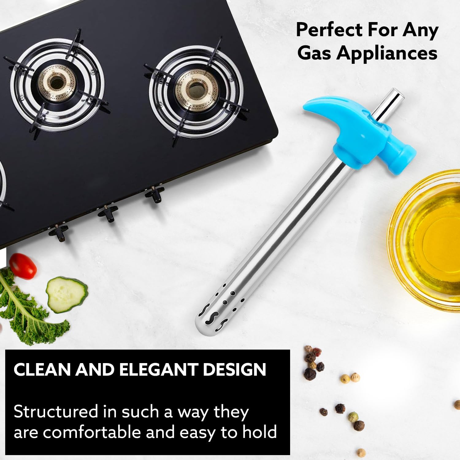 Nisun Easy Grip Premium Waterproof Stainless Steel Hammer Head Design Regular Gas Lighter for Gas Stove, Restaurants & Kitchen Use - Blue