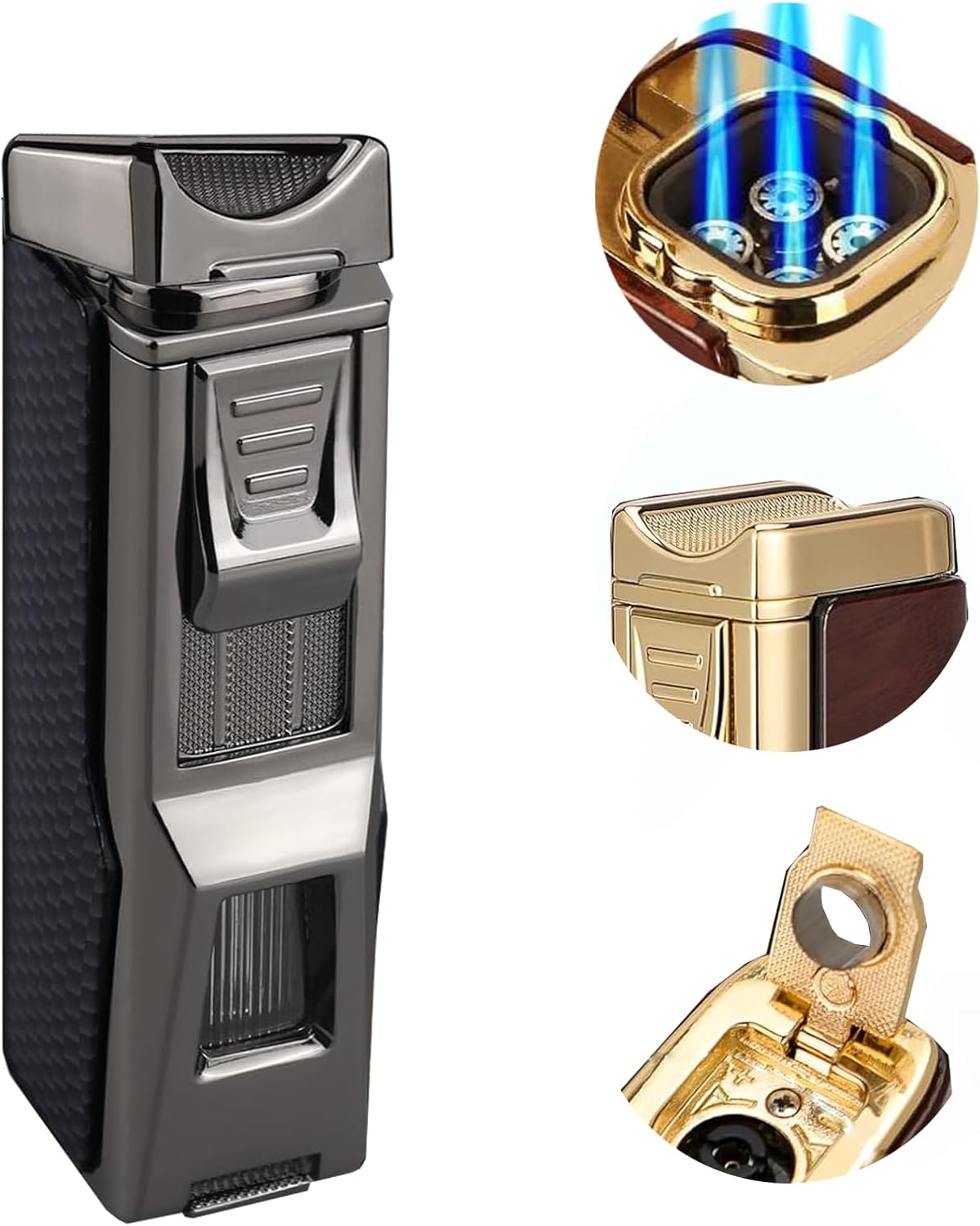 Torch Lighter, 4 Jet Flame Lighter with Punch & Holder - Refillable Butane Windproof Torch Lighter-Premium Gift for Men (B)