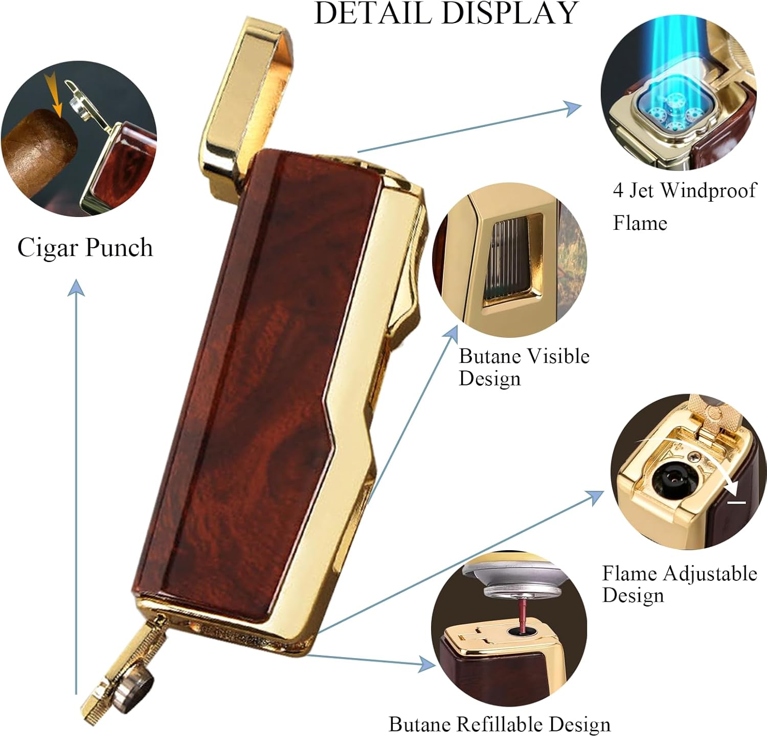Torch Lighter, 4 Jet Flame Lighter with Punch & Holder - Refillable Butane Windproof Torch Lighter-Premium Gift for Men (B)