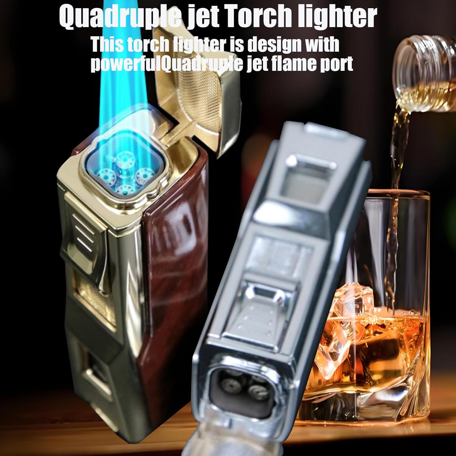 Torch Lighter, 4 Jet Flame Lighter with Punch & Holder - Refillable Butane Windproof Torch Lighter-Premium Gift for Men (B)