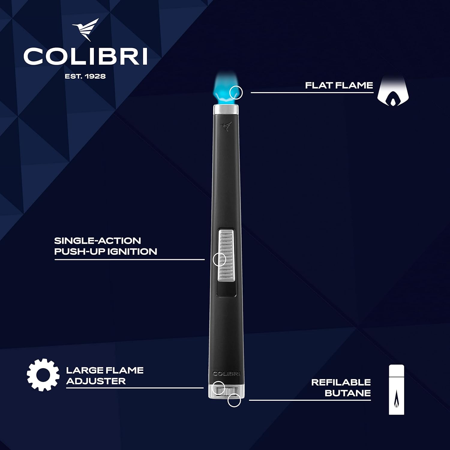 Colibri Aura 10mm Flat Flame Torch Lighter, Multi-Purpose Butane Refillable, Candle, Camping Accessories. Single Action Torch and Refillable Butane.
