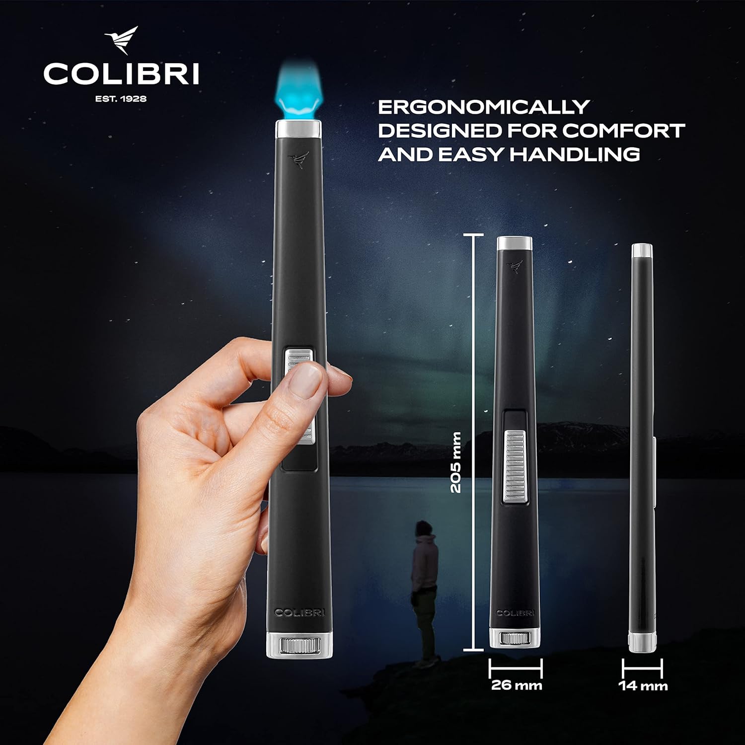 Colibri Aura 10mm Flat Flame Torch Lighter, Multi-Purpose Butane Refillable, Candle, Camping Accessories. Single Action Torch and Refillable Butane.