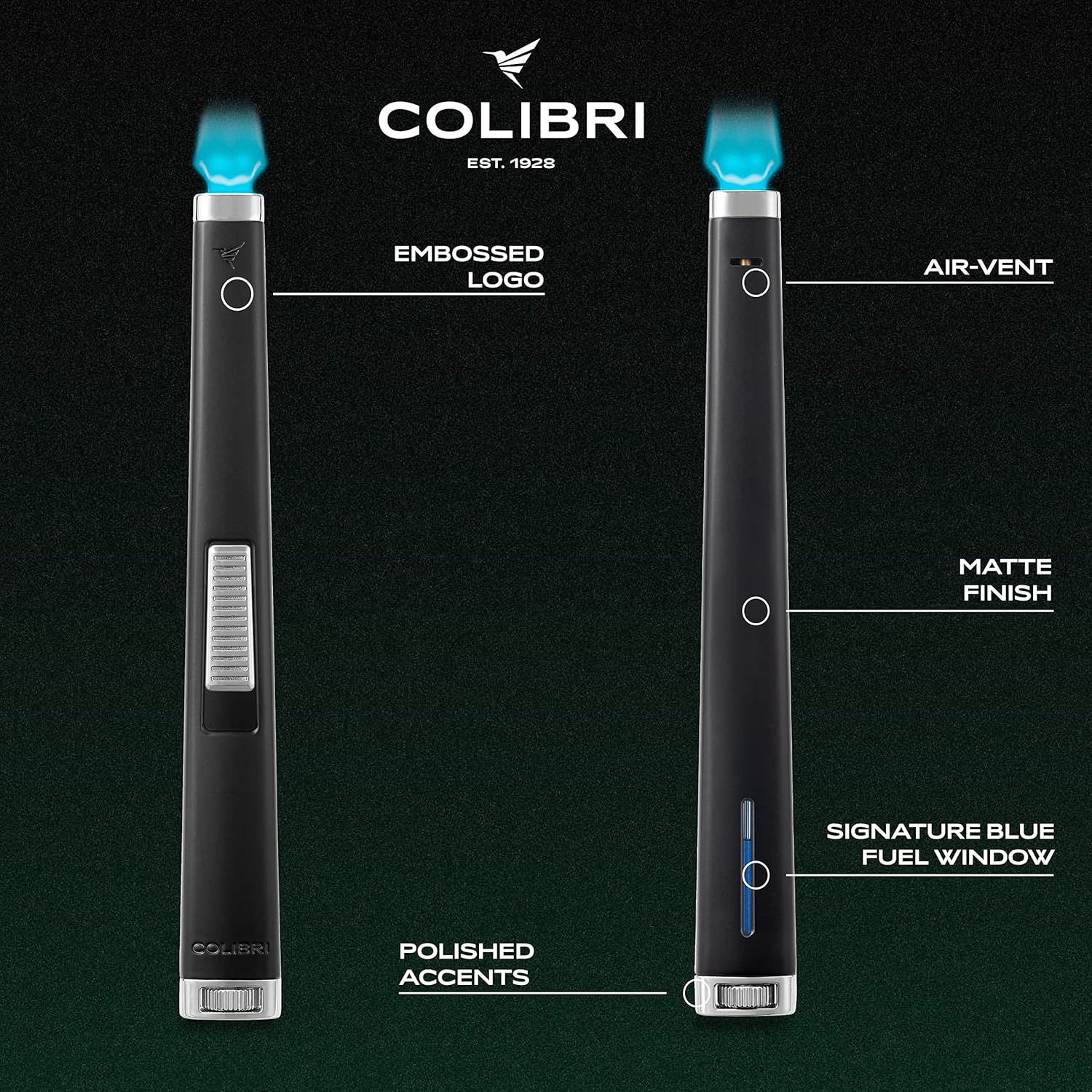 Colibri Aura 10mm Flat Flame Torch Lighter, Multi-Purpose Butane Refillable, Candle, Camping Accessories. Single Action Torch and Refillable Butane.